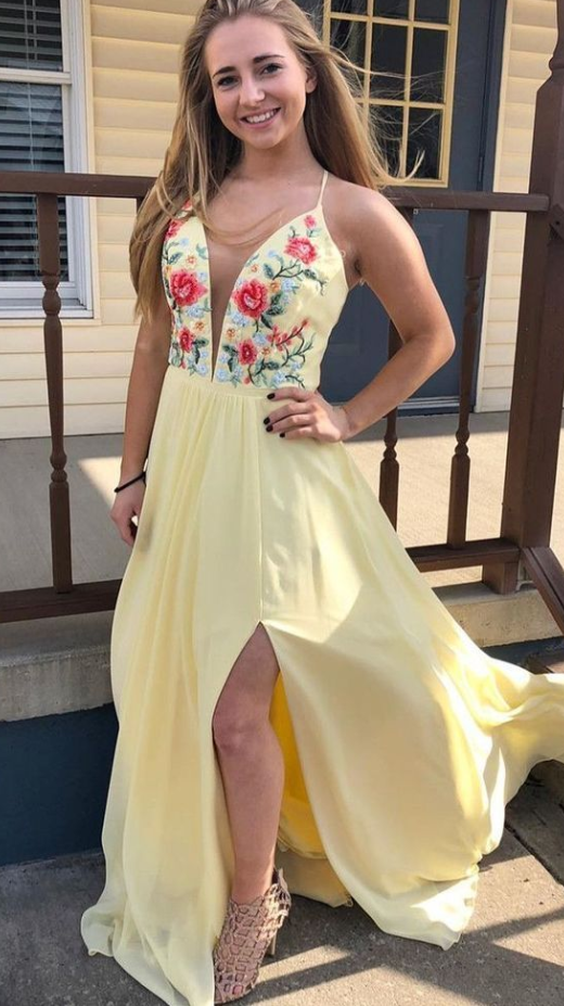 Yellow Long Prom Dress, Prom Dress with Floral Embroidery and Side Slit P4703