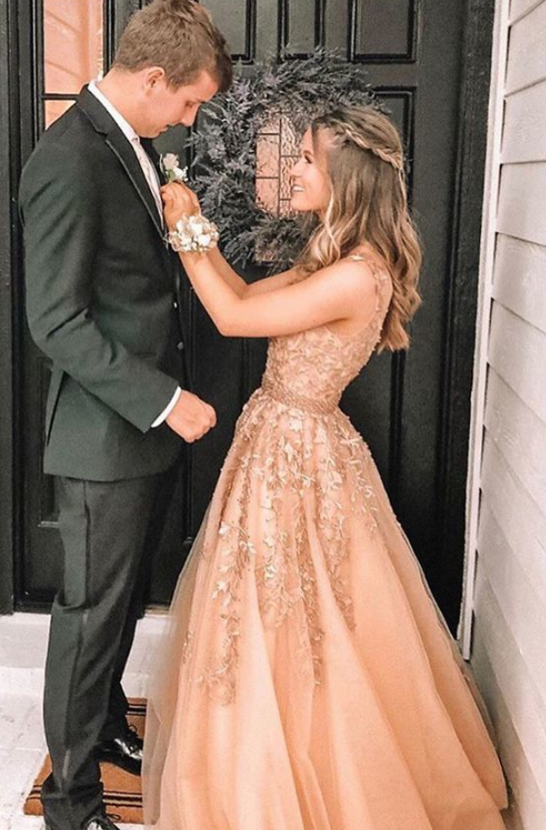Long Champagne Prom Dress, Prom Dress with Appliques, Prom Dress P4719