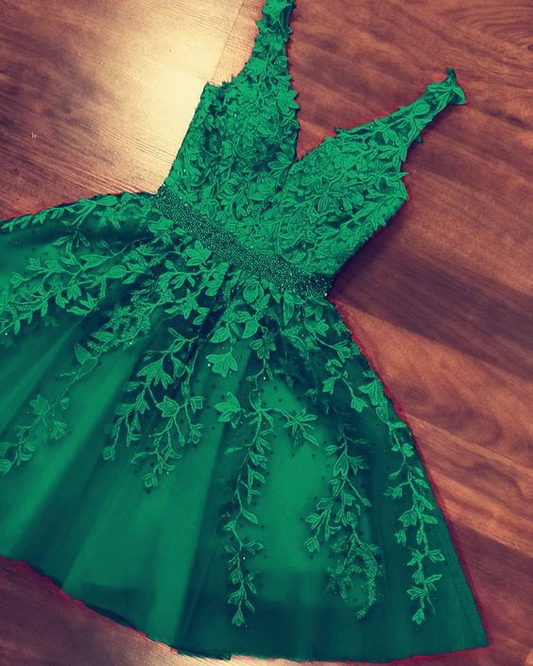 Short green homecoming dresses lace embroidery P4857