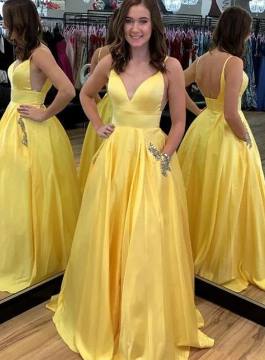 Yellow Open Back Straps Long Evening Dress/Prom Dress P5155