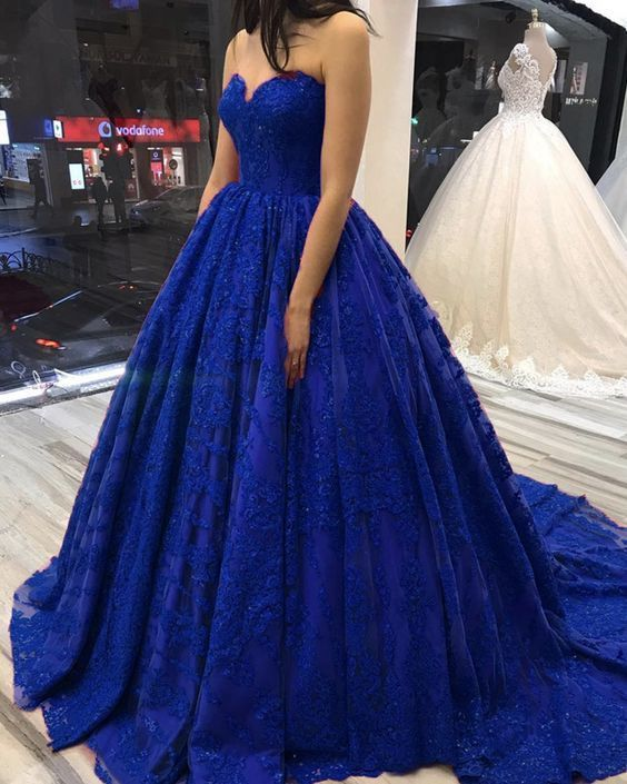 Royal Blue Lace Ball Gown Prom Dress Sweetheart Corset P5399 – Shinydress