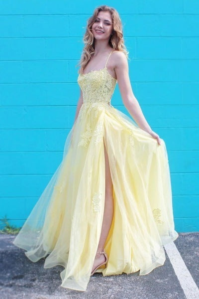 Yellow Tulle Lace Long Prom Dress, Spaghetti Straps Evening Dress P5433