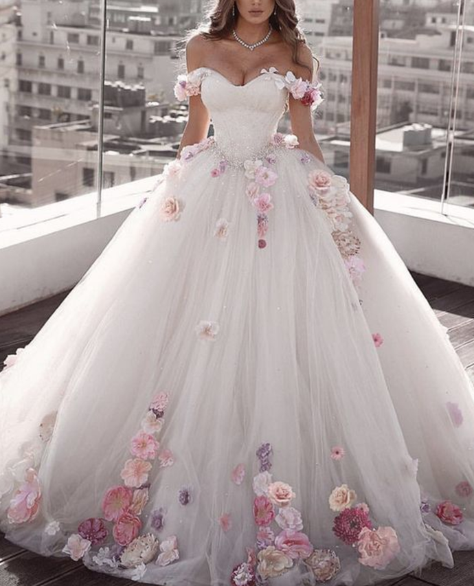 Off Shoulder Tulle Ball Gown Wedding Dresses Floral Flowers Beaded P5461