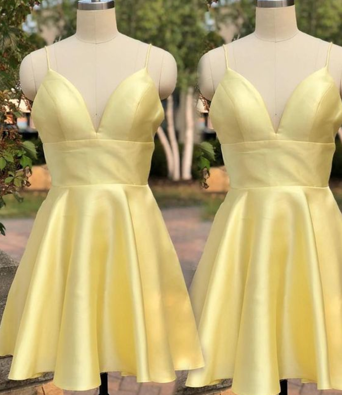 Yellow Satin Short Graduation Prom Dress ,Spaghetti Straps Homecoming Dress P5480