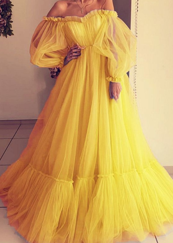 yellow tulle prom dresses long sleeves off shoulder evening gown P5555