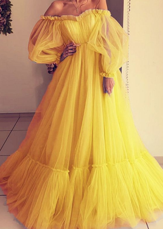 yellow tulle prom dresses long sleeves off shoulder evening gown P5555