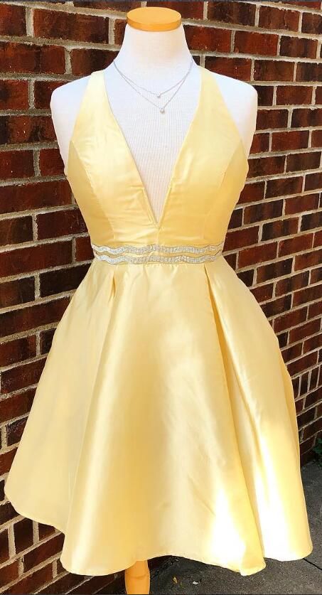 Yellow Short V Neck Prom Dress Homecoming Dress Waist with Beaded P5977