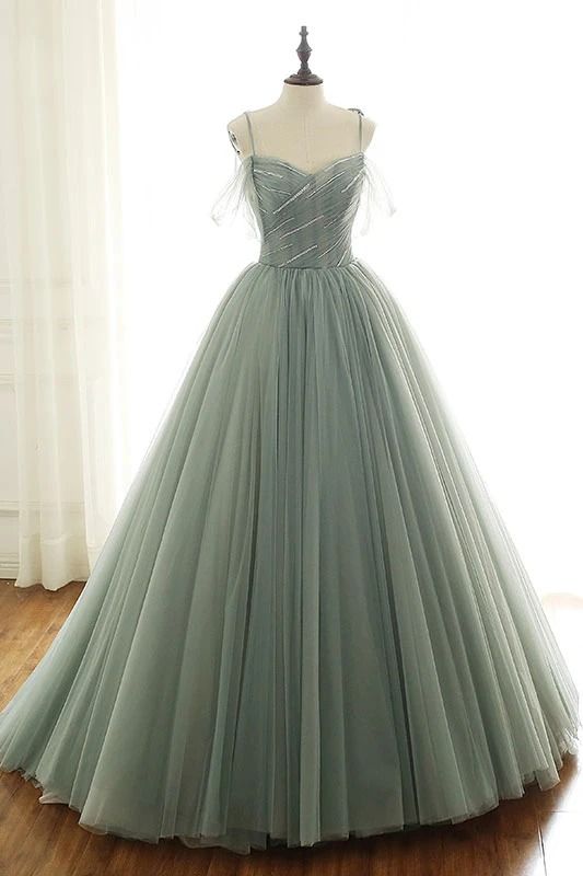 sage green tulle long ball gown with spaghetti straps, sage green sweet 16 dress prom gown P6154