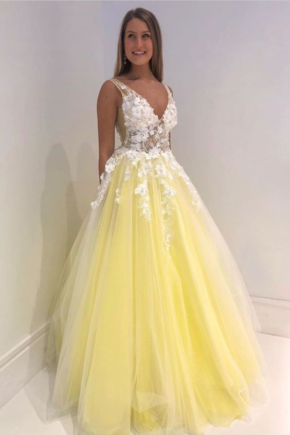 Yellow Tulle and White Lace A-line Long Prom Dress with V Neckline P6156