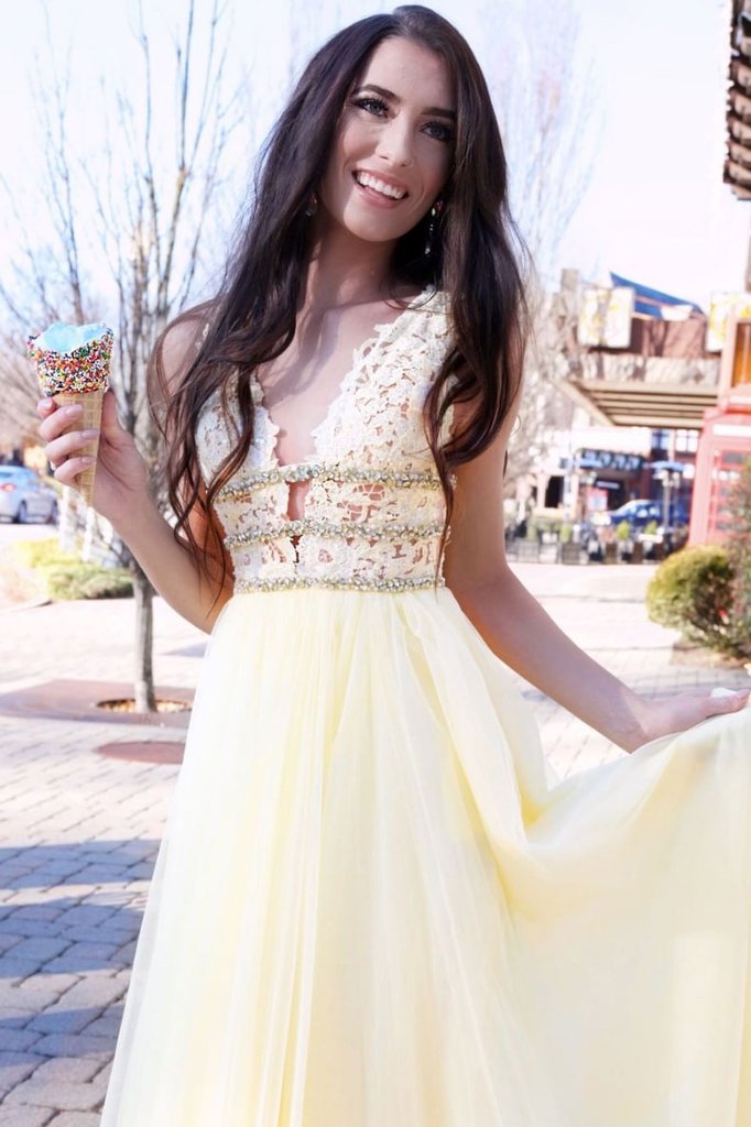 Yellow v neck tulle lace long prom dress yellow formal dress P6537