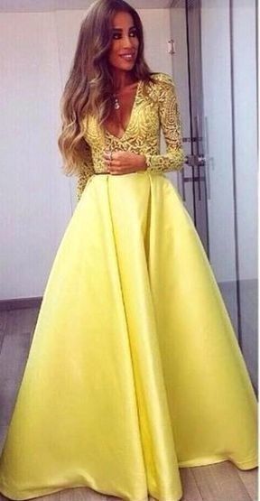 Yellow Prom Dresses Appliques  Floor-Length Long Sleeves Formal Dresses P6707