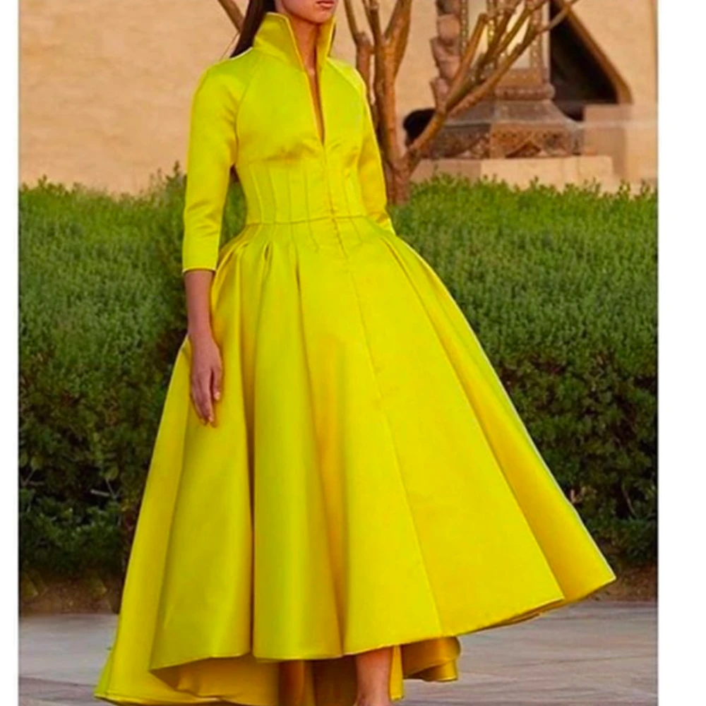 yellow prom dresses high neck long sleeve satin high front and low back long evening dresses gowns P6708
