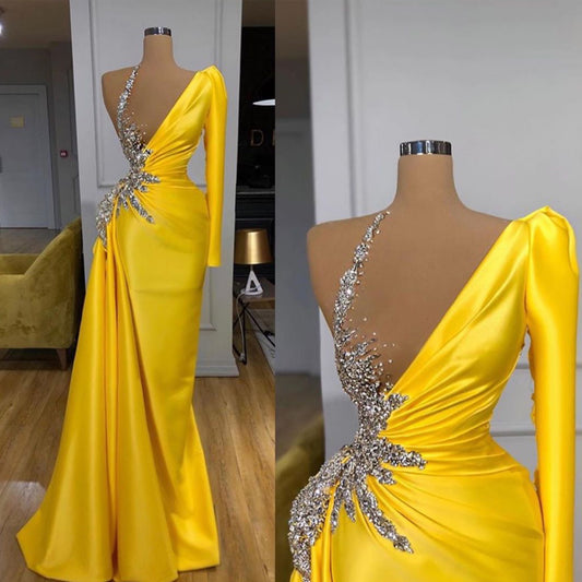 yellow prom dresses one shoulder beaded sparkly satin elegant luxury prom gown vestido de festa P6718