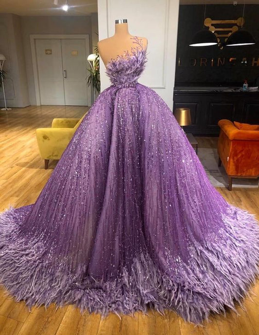 purple prom dresses, sparkly prom dress, ball gown prom dresses, vestido de fiesta, feather prom dresses, vestido de longo, elegant prom dresses, prom ball gown, P7237