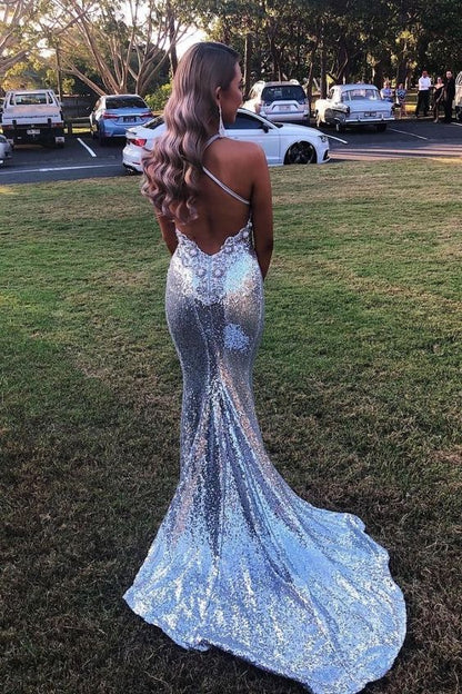 Shiny Sexy Mermaid Straps Silver Sequin Evening Dress Pretty Prom Dresses P7684