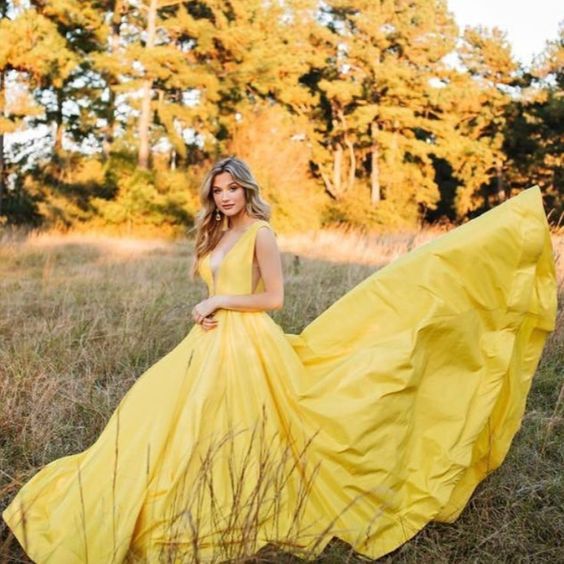Yellow A-line Satin Long Formal Dress prom dresses P8030