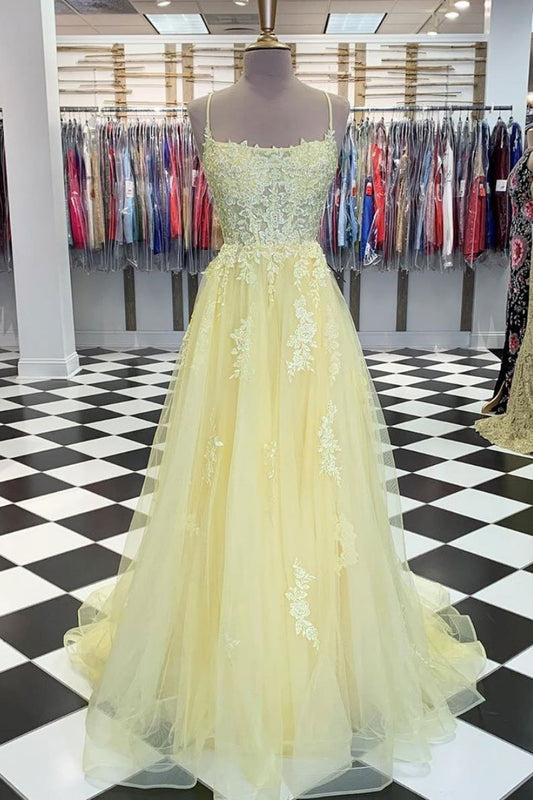 Yellow tulle lace long prom dress yellow lace formal dress P8109