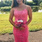 mermaid bright pink lace appliqued long evening dress prom dress P8239