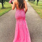 mermaid bright pink lace appliqued long evening dress prom dress P8239