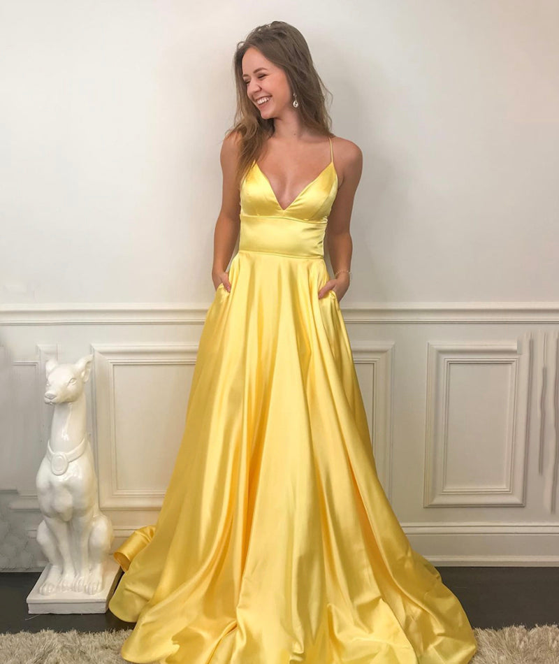 Yellow v neck satin long prom dress simple evening dress P8302