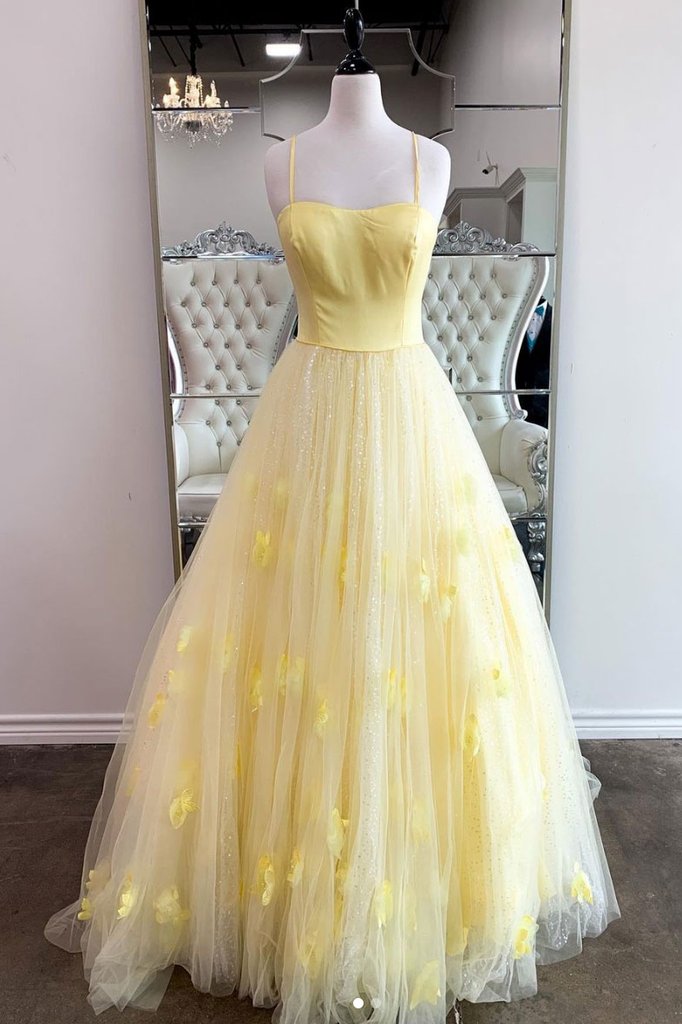 Yellow tulle sequin long prom dress, yellow tulle formal dress P8478