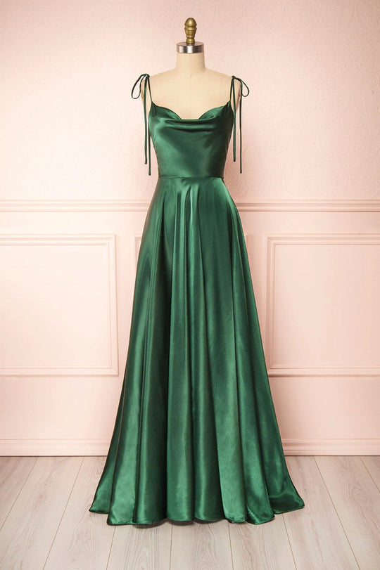 Sexy Cowl Neck Spaghetti Straps Satin Prom Dress With Thigh Slit SA1113