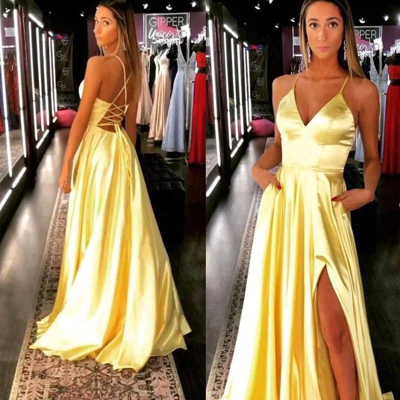 yellow satin long prom dress party dress NN114