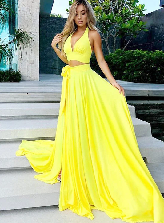 Yellow v neck two pieces long prom dress, yellow evening dress KS2409