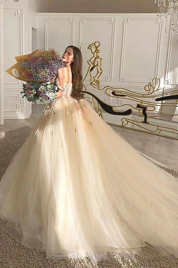 Gorgeous Off Shoulder Champagne Lace Floral Prom Dress, Long 3D Flower Champagne Formal Evening Dress, Champagne Ball Gown KS2451