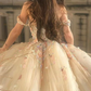 Gorgeous Off Shoulder Champagne Lace Floral Prom Dress, Long 3D Flower Champagne Formal Evening Dress, Champagne Ball Gown KS2451