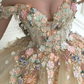 Gorgeous Off Shoulder Champagne Lace Floral Prom Dress, Long 3D Flower Champagne Formal Evening Dress, Champagne Ball Gown KS2451