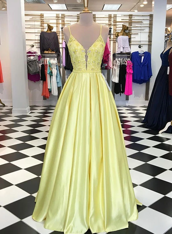 Yellow v neck lace applique long prom dress, yellow evening dress KS2665