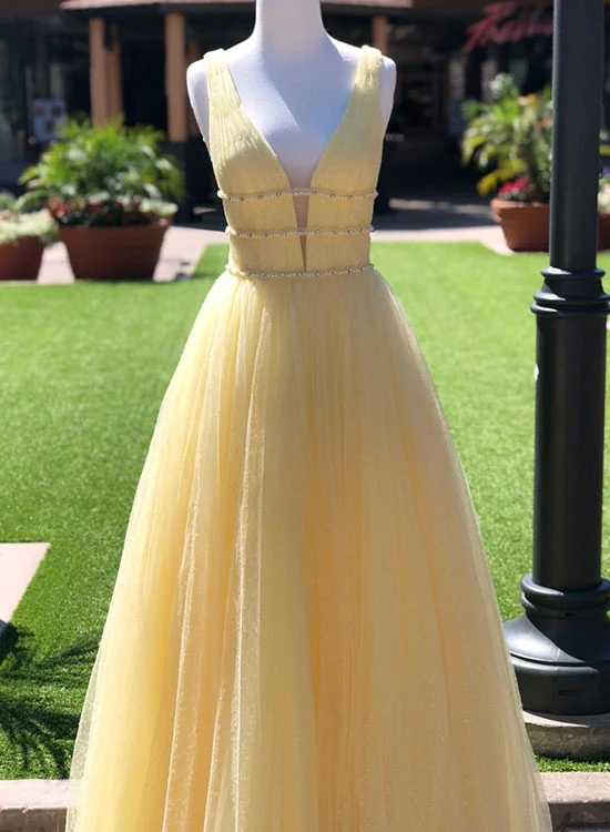 Yellow v neck tulle long prom dress, yellow evening dress KS2743