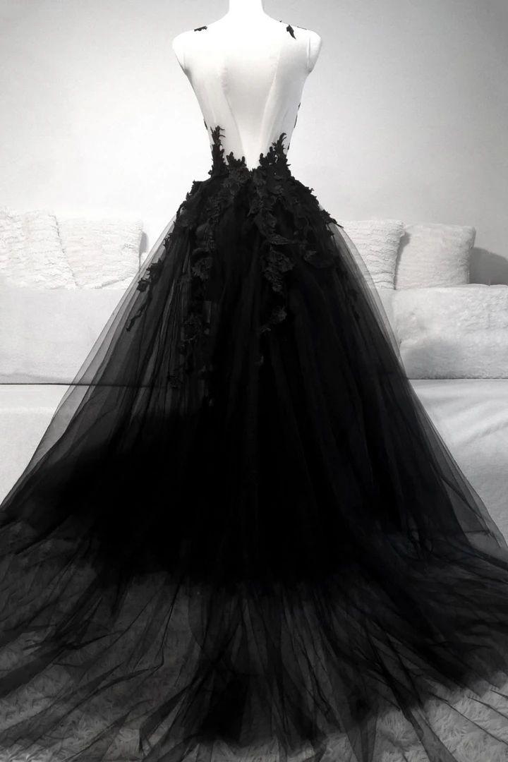 Black v neck lace long prom dress A line evening dress KS2863 – shinydress