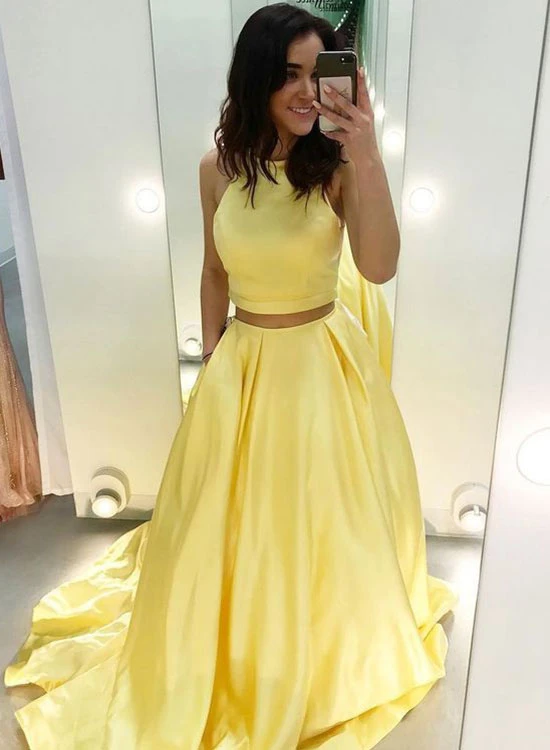 Yellow two pieces long prom dress, yellow evening dress KS2786