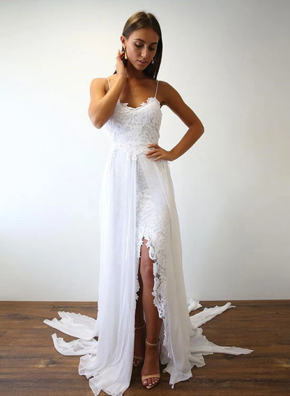White lace long prom dress, white evening dress ks3016