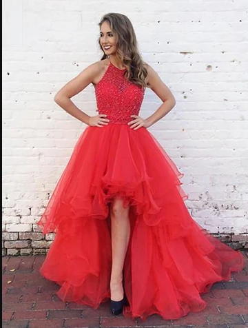 Organza with Beaded Bodice Halter High Low Prom Dress,Pageant Dress KS3306