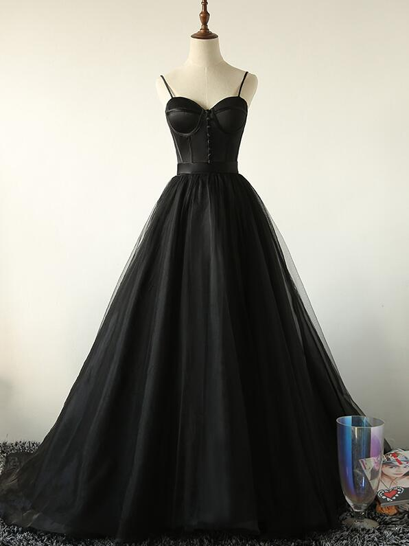 Elegant Black Straps Tulle Sweetheart Prom Dress, Black Party Dress KS3470