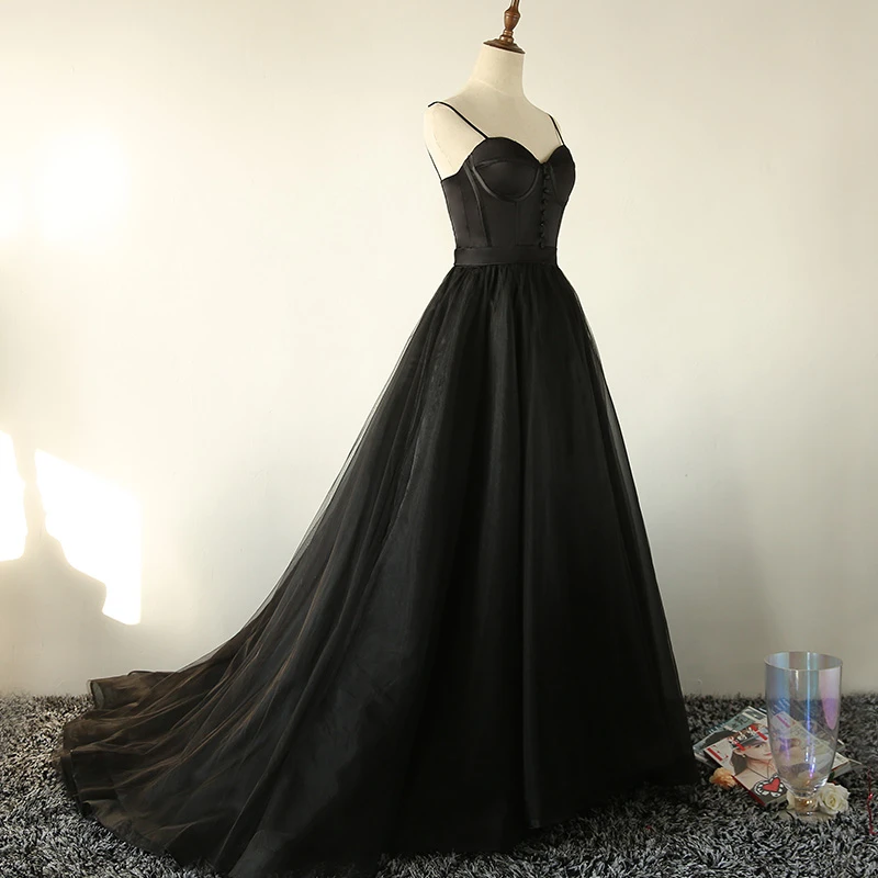 Elegant Black Straps Tulle Sweetheart Prom Dress, Black Party Dress KS3470