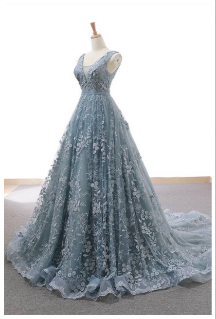 Gorgeous A-line Grey Lace Appliques Long Prom Gown KS4543
