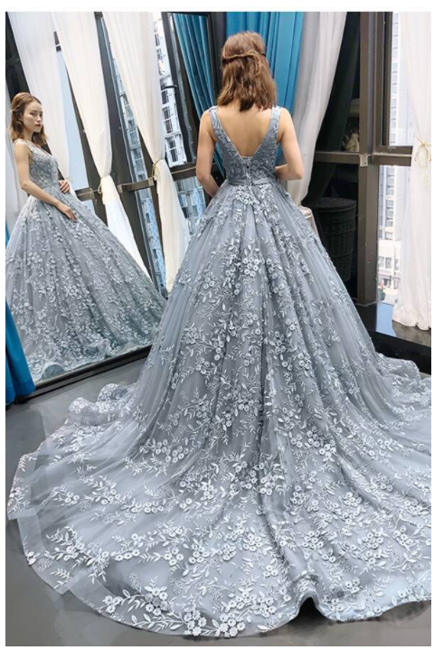 Gorgeous A-line Grey Lace Appliques Long Prom Gown KS4543