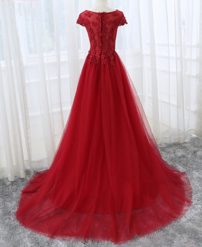 Elegant Cap Sleeve Lace Applique Tulle Party Dress Prom Gowns KS6330