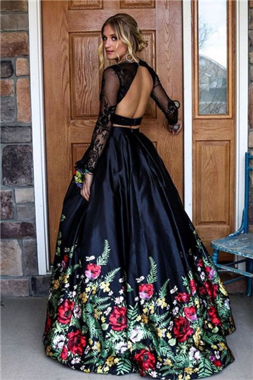 A line Two Piece Black Long Sleeve Prom Dress With Floral Print Skirt Evening Dresses KS6541