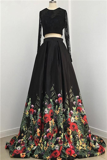 A line Two Piece Black Long Sleeve Prom Dress With Floral Print Skirt ...
