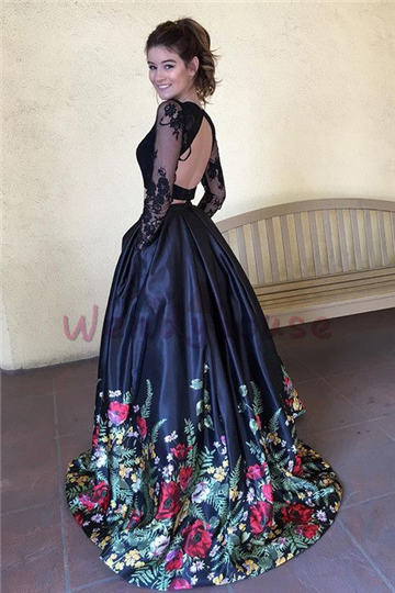 A line Two Piece Black Long Sleeve Prom Dress With Floral Print Skirt Evening Dresses KS6541