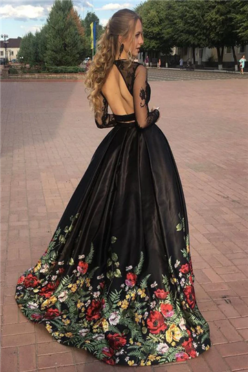 A line Two Piece Black Long Sleeve Prom Dress With Floral Print Skirt Evening Dresses KS6541