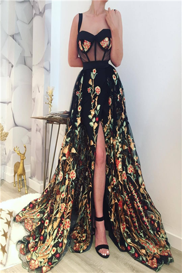 Black slit evening dress Floral Prints Prom Dresses KS6535 shinydress Black slit evening dress Floral Prints Prom Dresses KS6535 shinydress