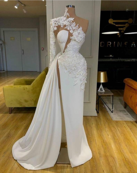Exquisite Lace White Prom Dresses High Neck One Shoulder Long Sleeve Formal Evening Gowns Side Split Robes De Mariée T2781