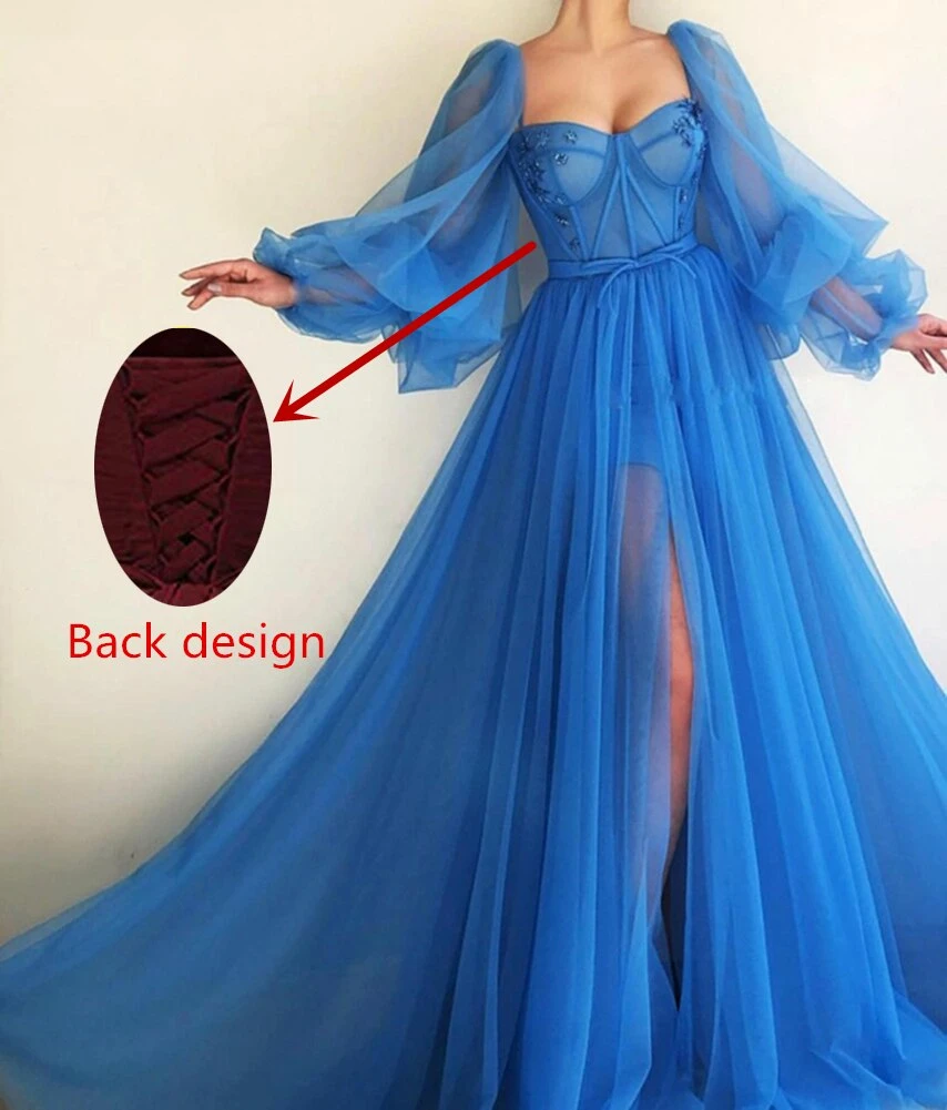 Tulle Evening Dress, Long Sleeves Long Prom Dress P3663