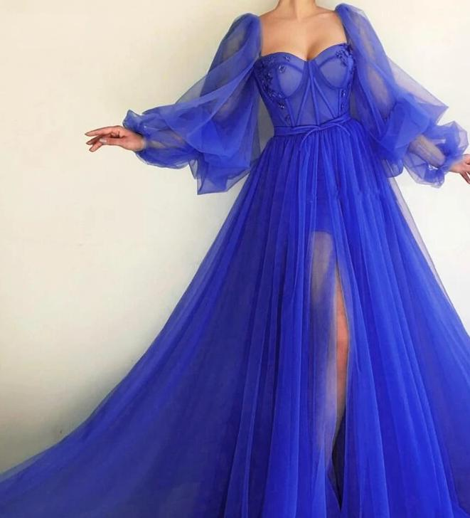 Tulle Evening Dress, Long Sleeves Long Prom Dress P3663